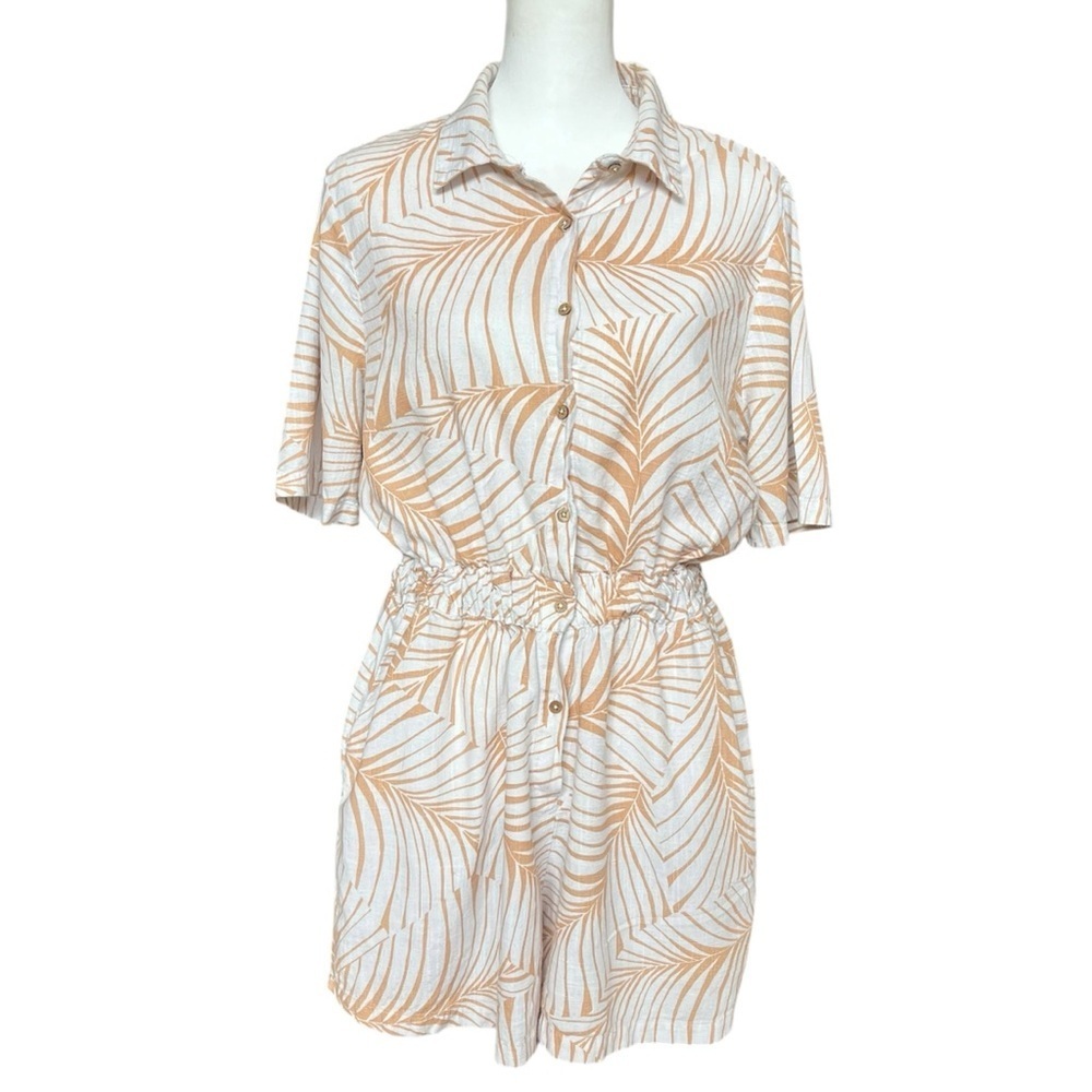 Roxy Women’s Size M Peach Romper Summer Beach Pockets Toast Palm Tree Dreams